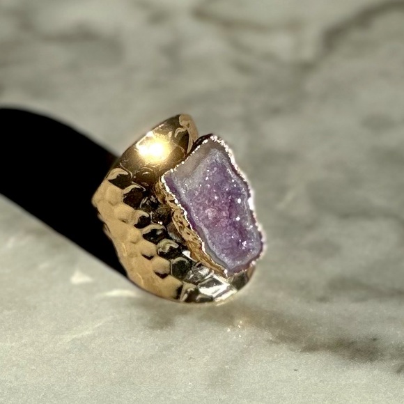 NEW Luxury Natural Stone Adjustable Crystal Irregular Geode Gold-plated Ring - Picture 5 of 9